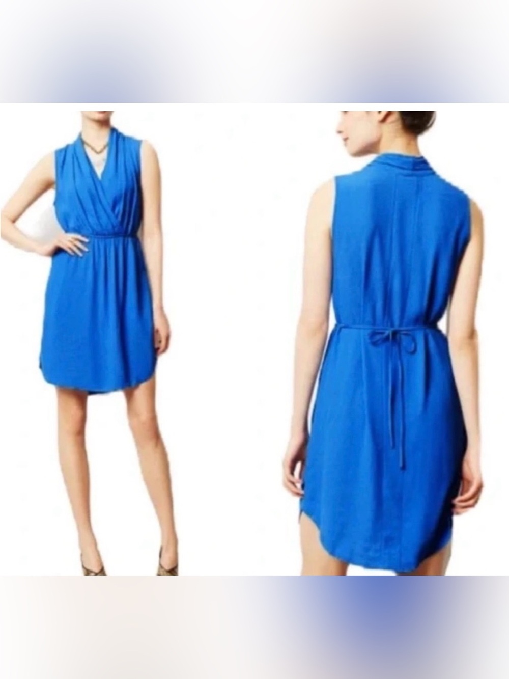 Anthropologie Maeve Blue Sleeveless Wrap-Style Tie Waist Dress